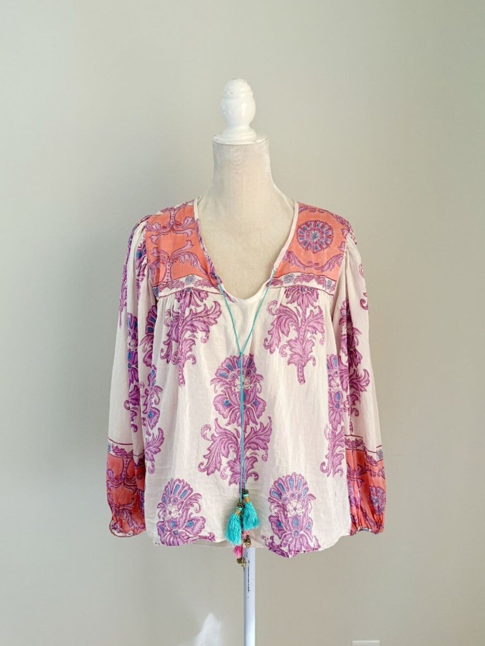 Alicia Bell Boho Long Sleeve Blouse Silk Cotton Blend L EUC
